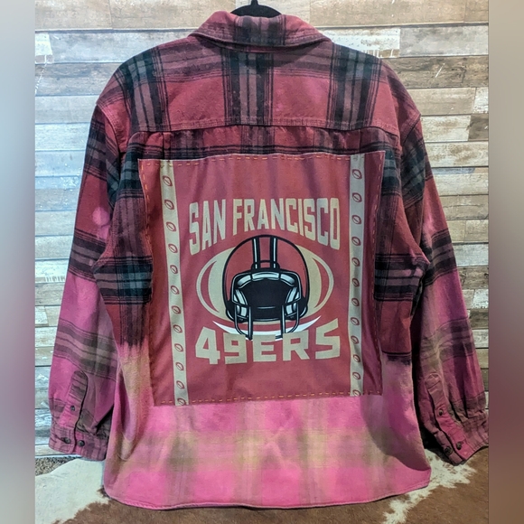 San Francisco 49ers Upcycled Handcrafted Dip Dye Bleach Flannel Shirt - Picture 1 of 15